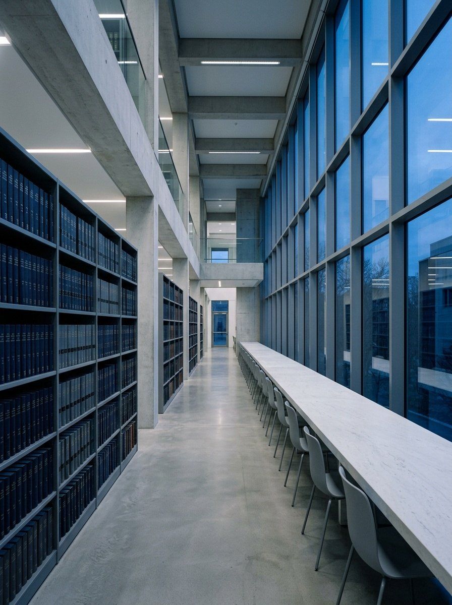 Quiet law library with tall shelves of bound volumes and a long reading table under cool daylight