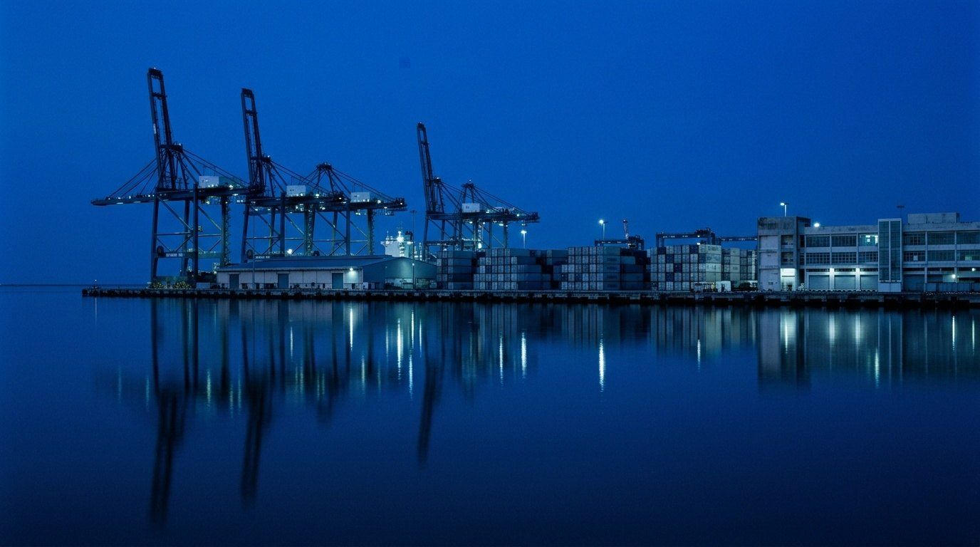 Container cranes and warehouses on the Penang waterfront at blue hour, lights reflected on still water